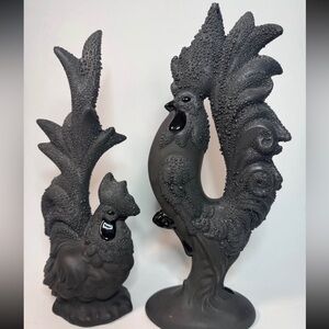 1970s Black Ceramic Rooster Sculptures – Pair - 12" pottery matte & glossy